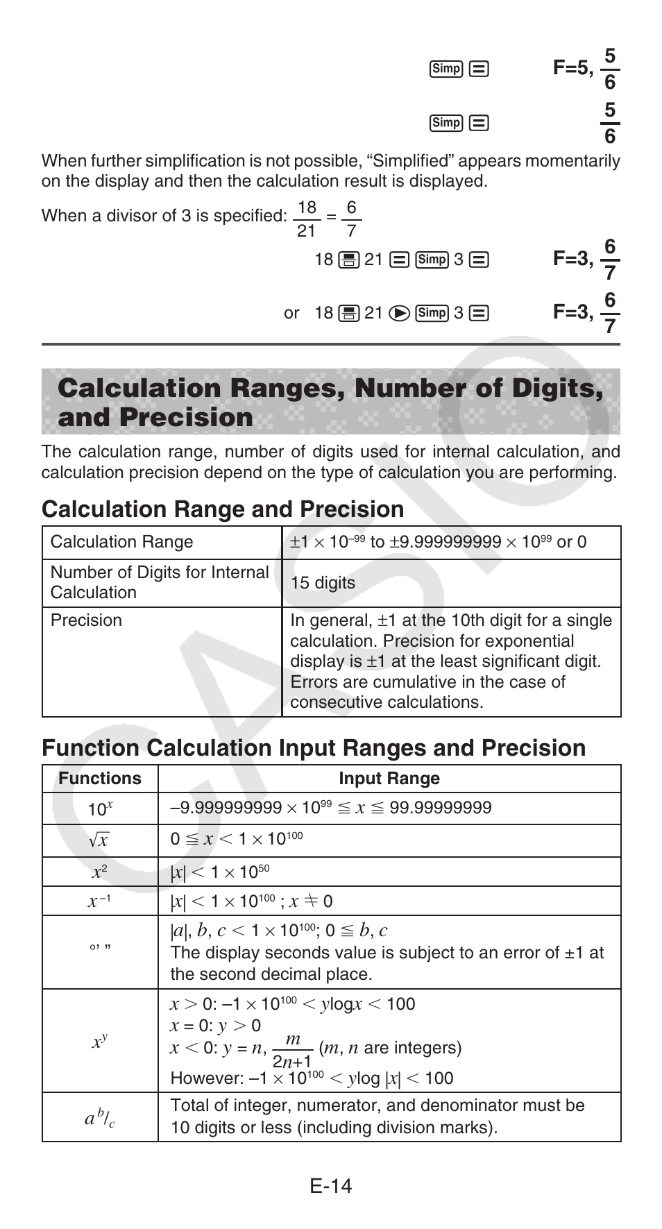 Calculation range and precision, Function calculation input ranges and precision, E-14 | F=5, 5 6, F=3, 6 7 | Casio FX-55 User Manual | Page 15 / 20