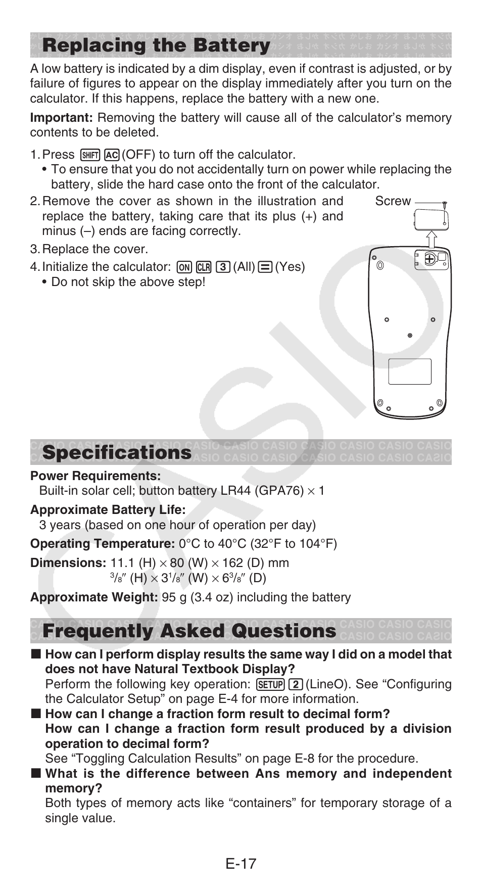 Replacing the battery, Specifications, Frequently asked questions | E-17 | Casio FX-55 User Manual | Page 18 / 20