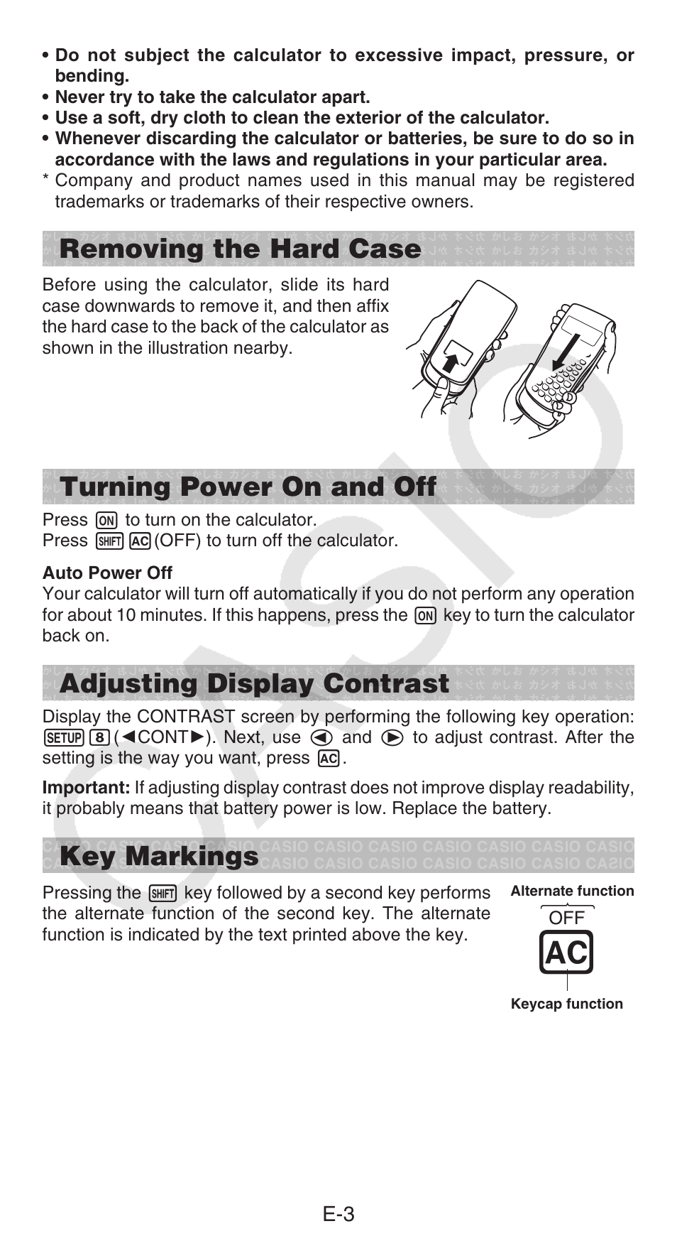 Removing the hard case, Turning power on and off, Adjusting display contrast | Key markings | Casio FX-55 User Manual | Page 4 / 20