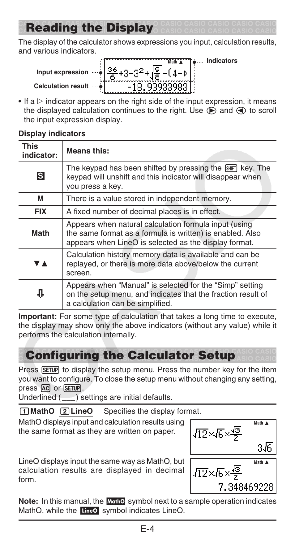 Reading the display, Configuring the calculator setup | Casio FX-55 User Manual | Page 5 / 20
