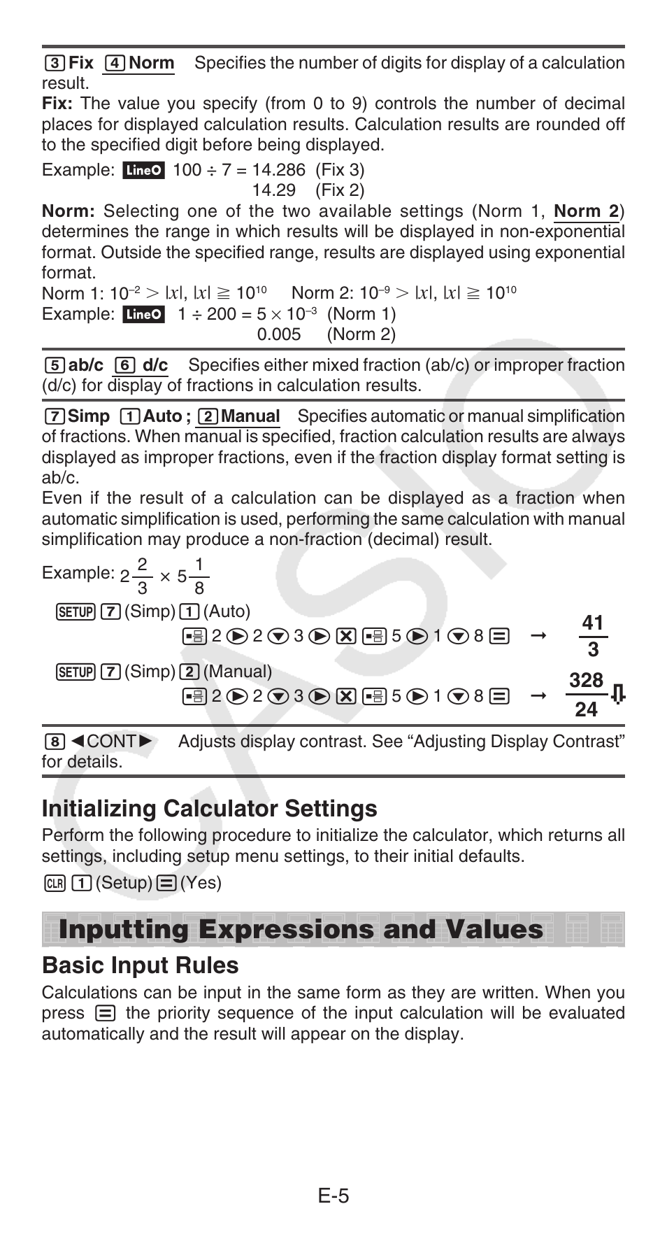 Inputting expressions and values, Initializing calculator settings, Basic input rules | Casio FX-55 User Manual | Page 6 / 20