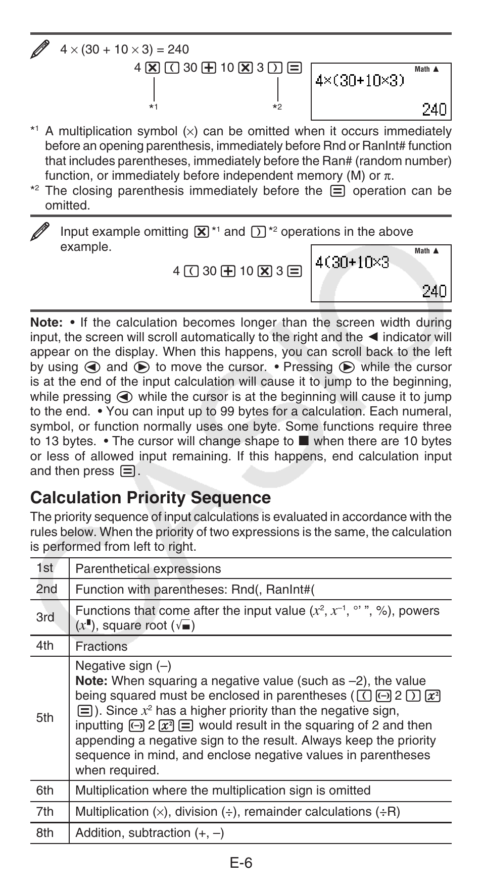 Calculation priority sequence | Casio FX-55 User Manual | Page 7 / 20