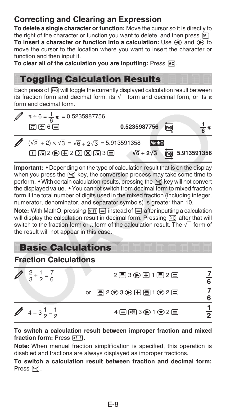 Toggling calculation results, Basic calculations, Correcting and clearing an expression | Fraction calculations | Casio FX-55 User Manual | Page 9 / 20