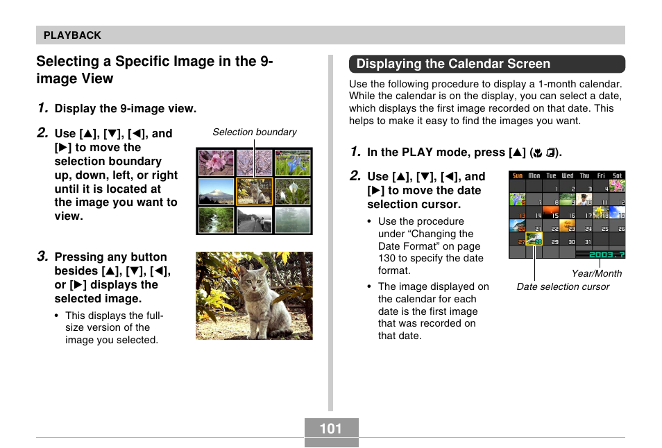 Selecting a specific image in the 9-image view, Displaying the calendar screen, Selecting a specific image in the 9- image view 1 | Casio R51 User Manual | Page 101 / 184
