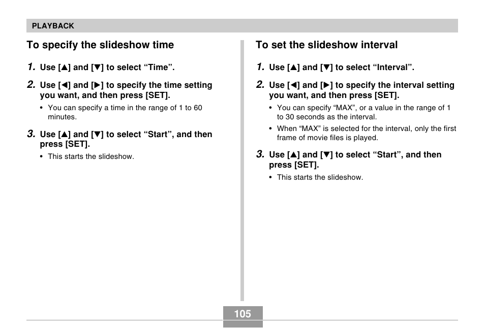 To specify the slideshow time, To set the slideshow interval | Casio R51 User Manual | Page 105 / 184