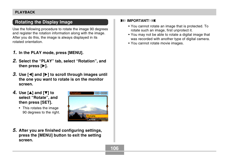 Rotating the display image | Casio R51 User Manual | Page 106 / 184