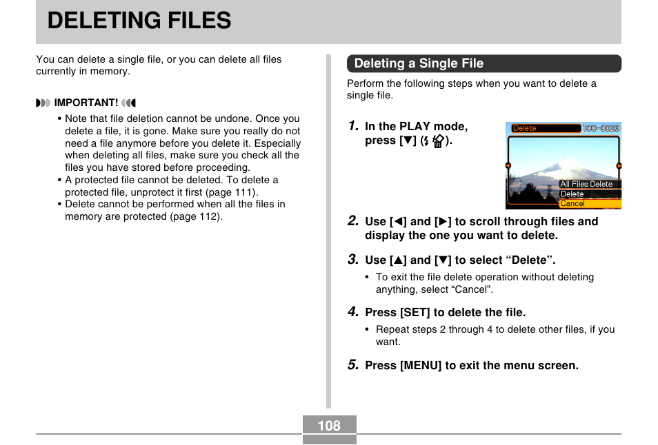 Deleting files, Deleting a single file | Casio R51 User Manual | Page 108 / 184