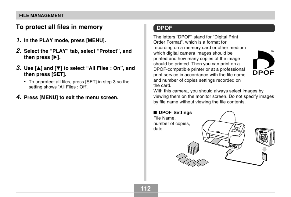 To protect all files in memory, Dpof | Casio R51 User Manual | Page 112 / 184
