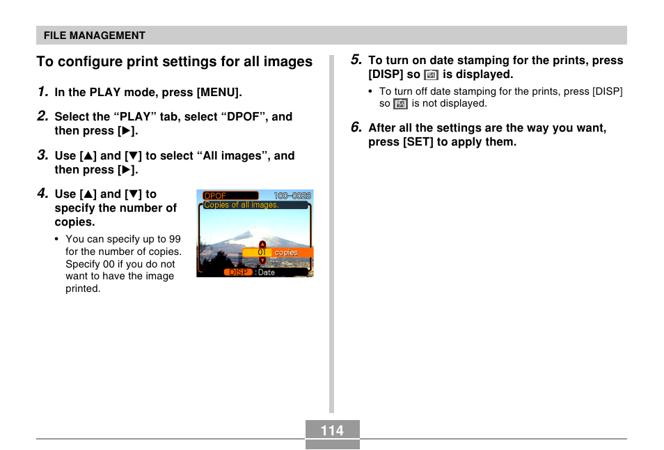 To configure print settings for all images, 114 to configure print settings for all images 1 | Casio R51 User Manual | Page 114 / 184