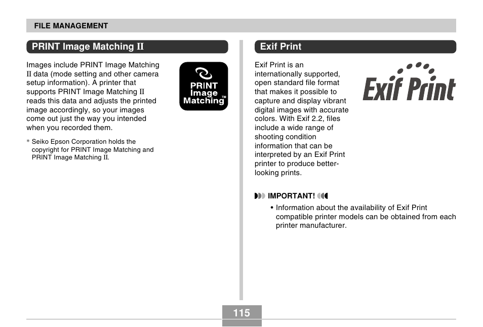 Print image matching ii, Exif print | Casio R51 User Manual | Page 115 / 184