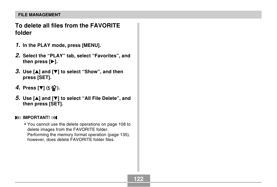 To delete all files from the favorite folder | Casio R51 User Manual | Page 122 / 184