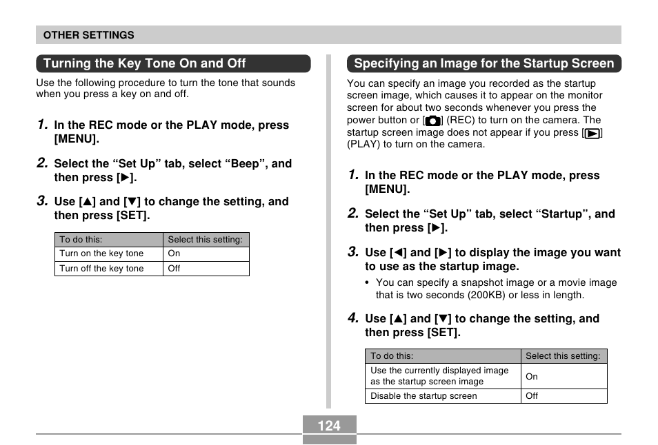 Turning the key tone on and off, Specifying an image for the startup screen | Casio R51 User Manual | Page 124 / 184