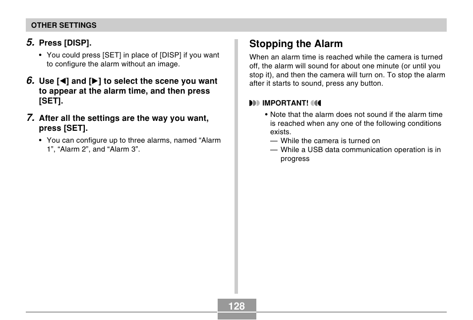 Stopping the alarm | Casio R51 User Manual | Page 128 / 184