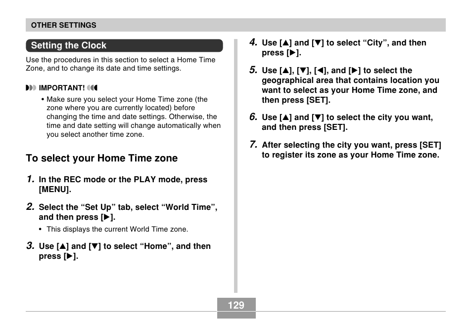 Setting the clock, To select your home time zone | Casio R51 User Manual | Page 129 / 184