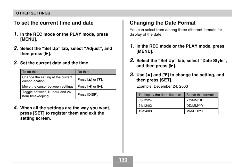 To set the current time and date, Changing the date format, 130 changing the date format | Casio R51 User Manual | Page 130 / 184