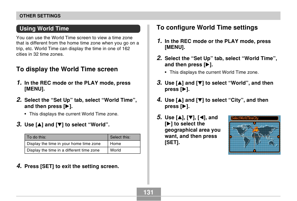 Using world time, To display the world time screen, To configure world time settings | Casio R51 User Manual | Page 131 / 184