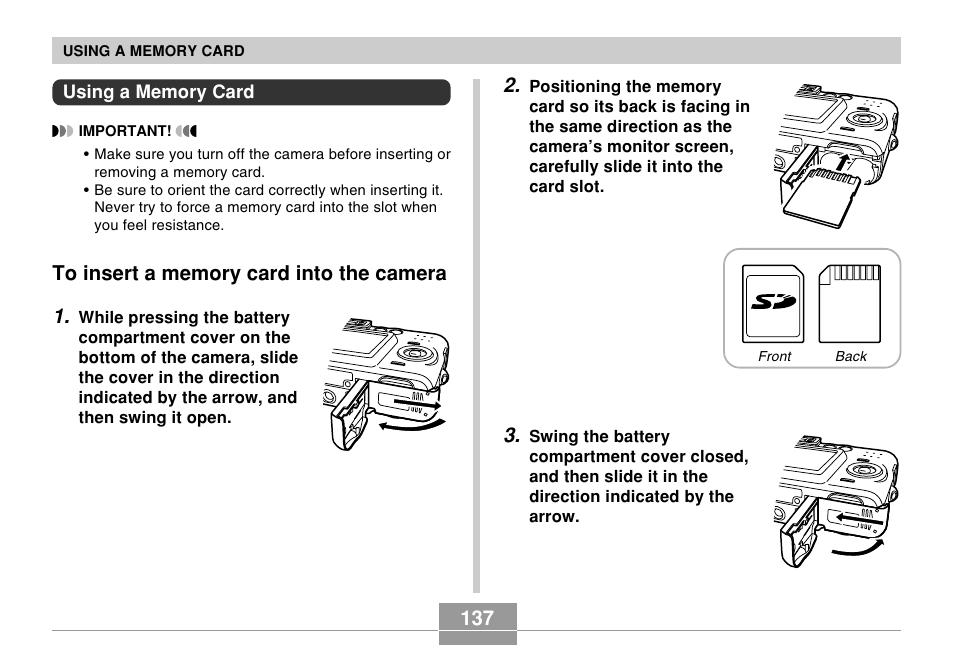 Using a memory card, To insert a memory card into the camera | Casio R51 User Manual | Page 137 / 184