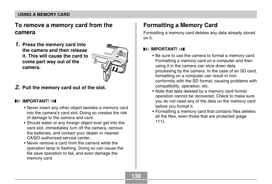 To remove a memory card from the camera, Formatting a memory card | Casio R51 User Manual | Page 138 / 184