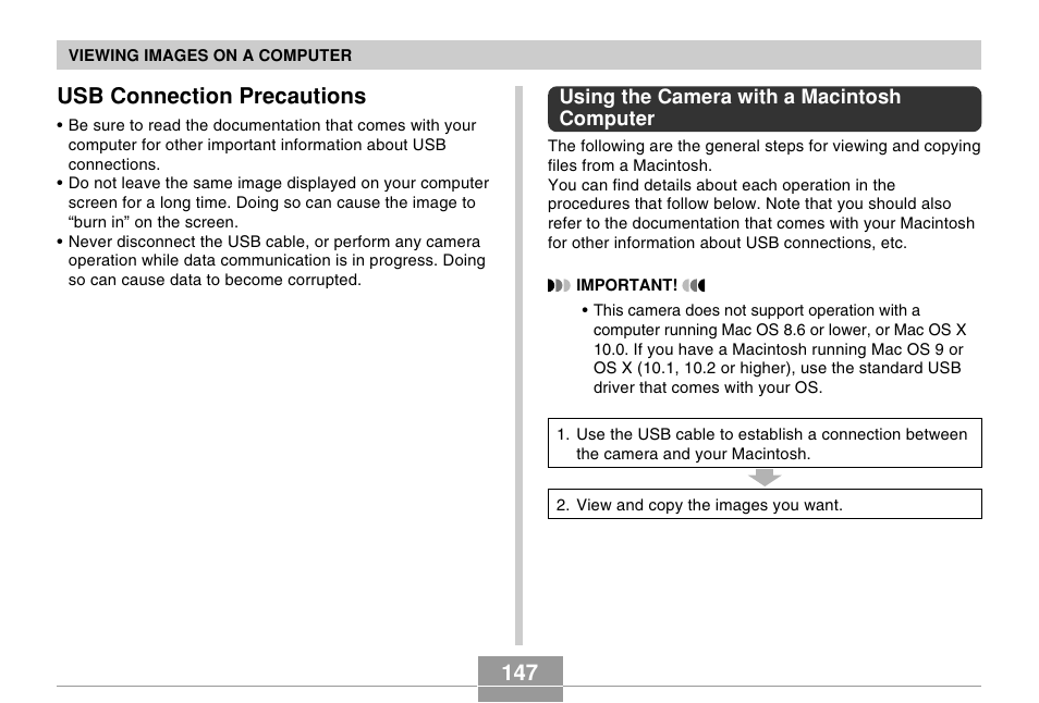 Usb connection precautions, Using the camera with a macintosh computer | Casio R51 User Manual | Page 147 / 184