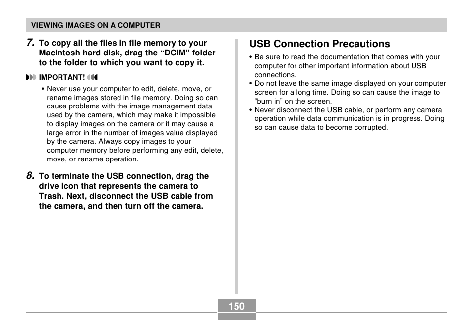 Usb connection precautions, 150 usb connection precautions | Casio R51 User Manual | Page 150 / 184