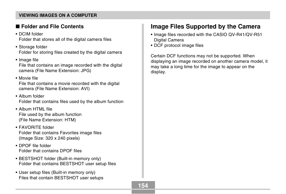 Image files supported by the camera | Casio R51 User Manual | Page 154 / 184