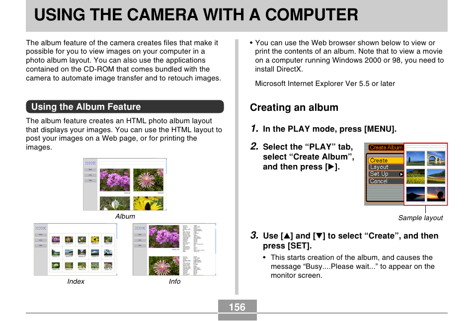 Using the camera with a computer, Using the album feature, Creating an album | 156 creating an album 1 | Casio R51 User Manual | Page 156 / 184