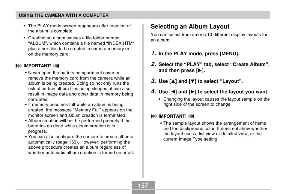 Selecting an album layout | Casio R51 User Manual | Page 157 / 184