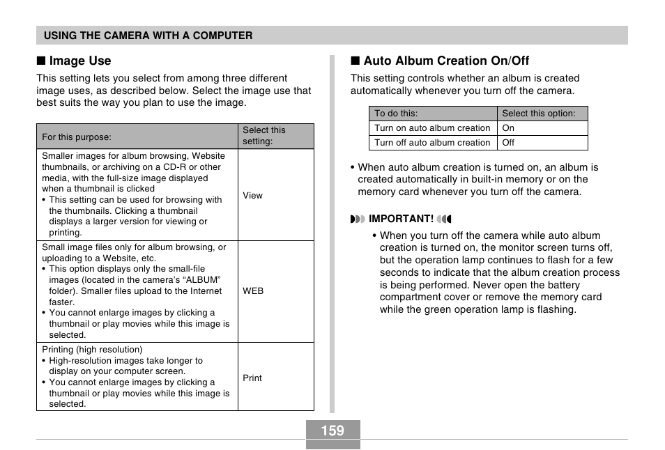 Auto album creation on/off, Image use | Casio R51 User Manual | Page 159 / 184