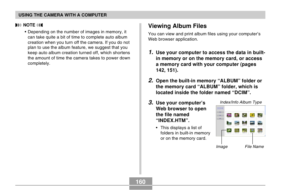 Viewing album files, 160 viewing album files | Casio R51 User Manual | Page 160 / 184