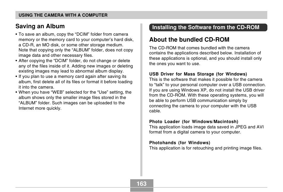 Saving an album, Installing the software from the cd-rom, About the bundled cd-rom | Casio R51 User Manual | Page 163 / 184