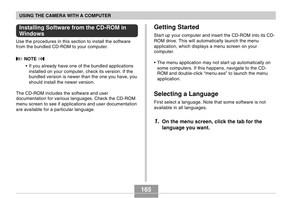 Installing software from the cd-rom in windows, Getting started, Selecting a language | 165 getting started | Casio R51 User Manual | Page 165 / 184