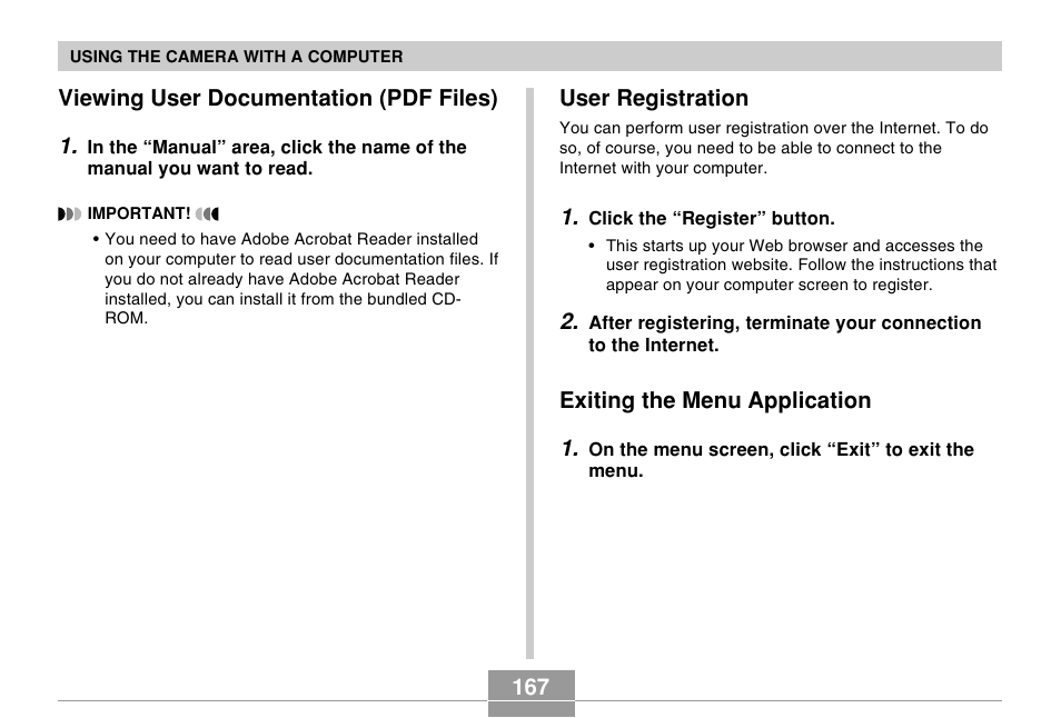 Viewing user documentation (pdf files), User registration, Exiting the menu application | Casio R51 User Manual | Page 167 / 184