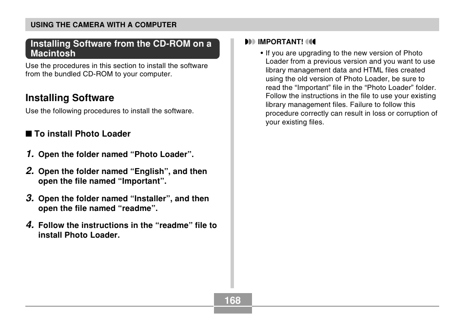 Installing software from the cd-rom on a macintosh, Installing software | Casio R51 User Manual | Page 168 / 184