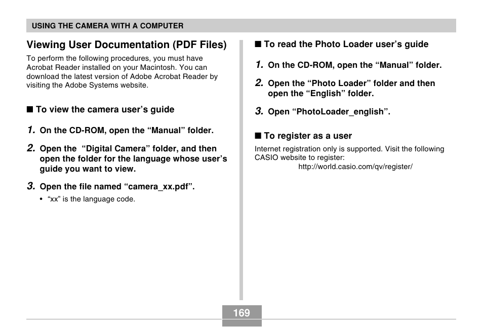 Viewing user documentation (pdf files) | Casio R51 User Manual | Page 169 / 184