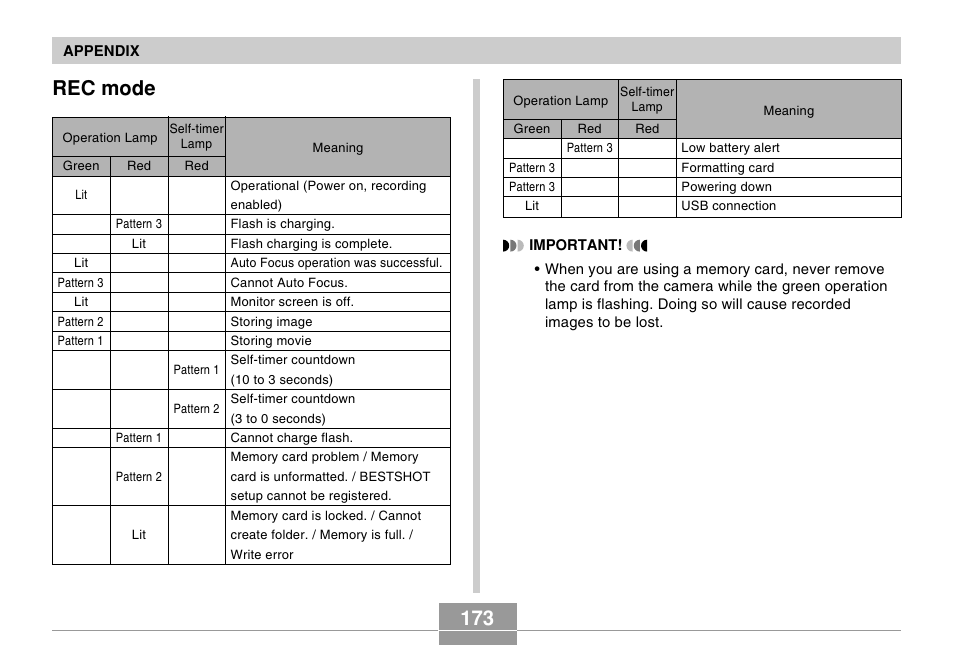 Rec mode, 173 rec mode | Casio R51 User Manual | Page 173 / 184