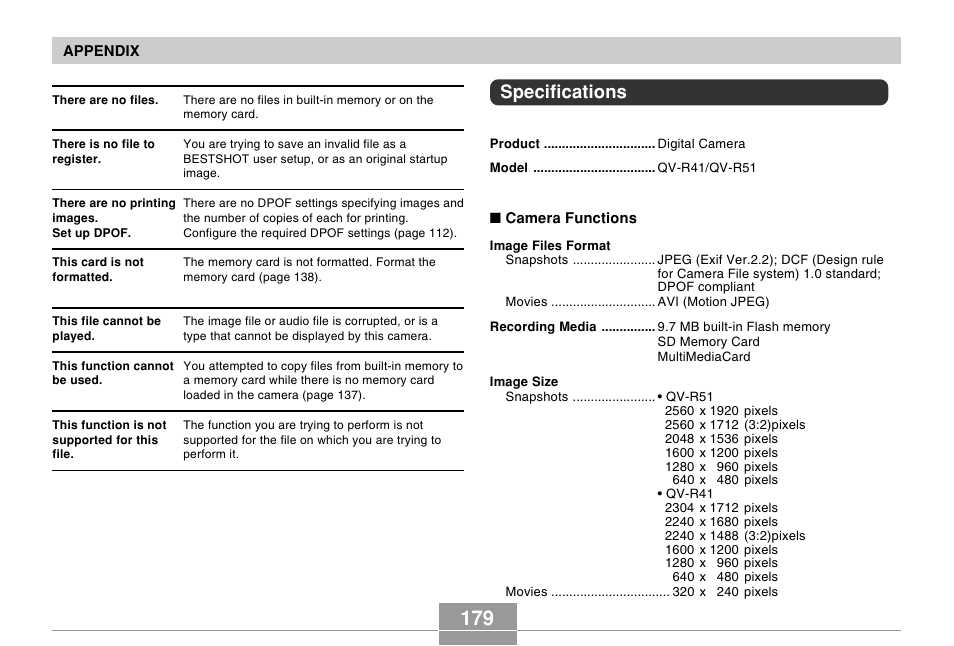 Specifications | Casio R51 User Manual | Page 179 / 184