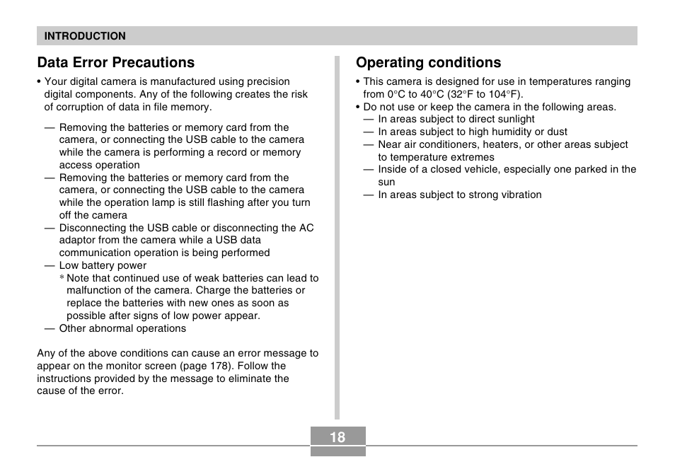 Data error precautions, Operating conditions, 18 operating conditions | Casio R51 User Manual | Page 18 / 184