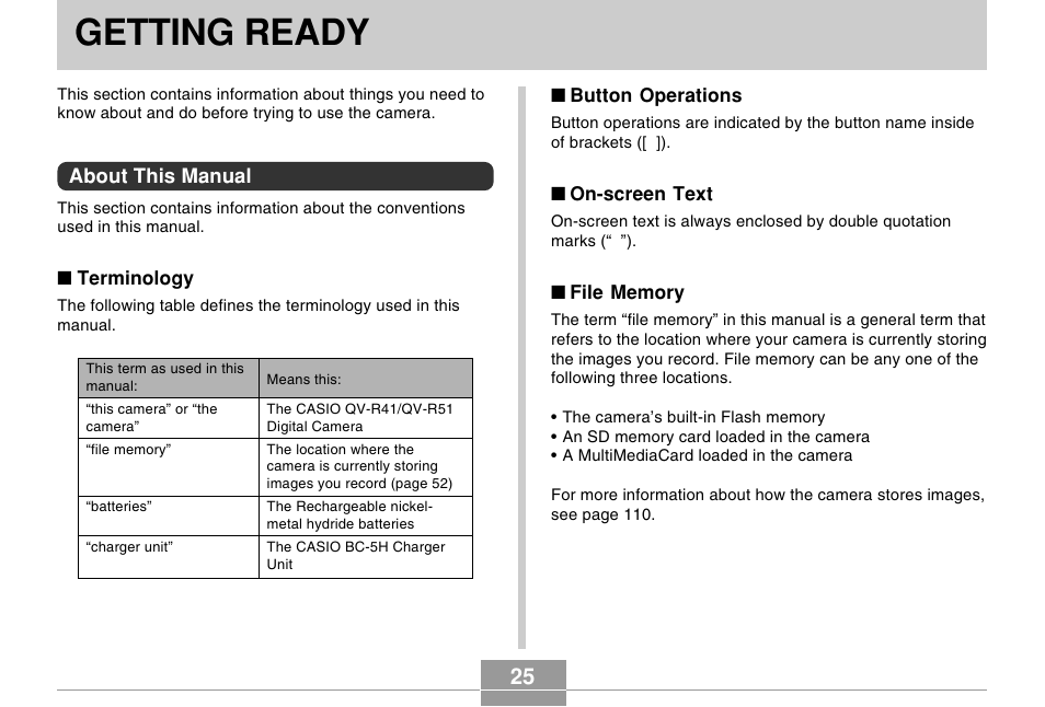 Getting ready, About this manual | Casio R51 User Manual | Page 25 / 184