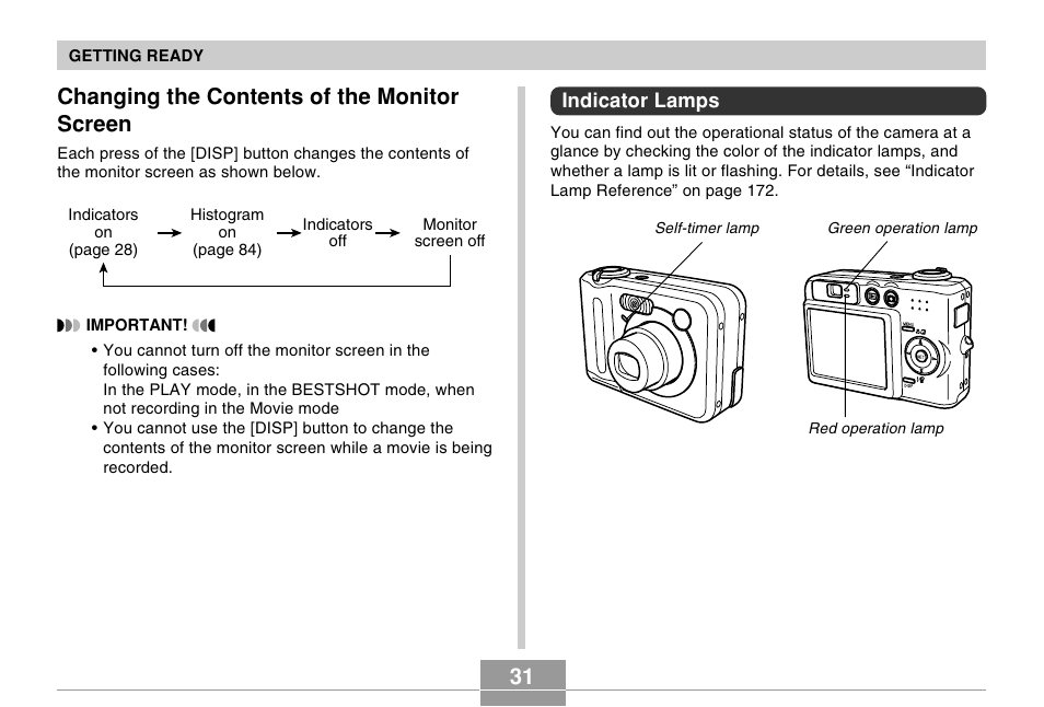 Changing the contents of the monitor screen, Indicator lamps | Casio R51 User Manual | Page 31 / 184