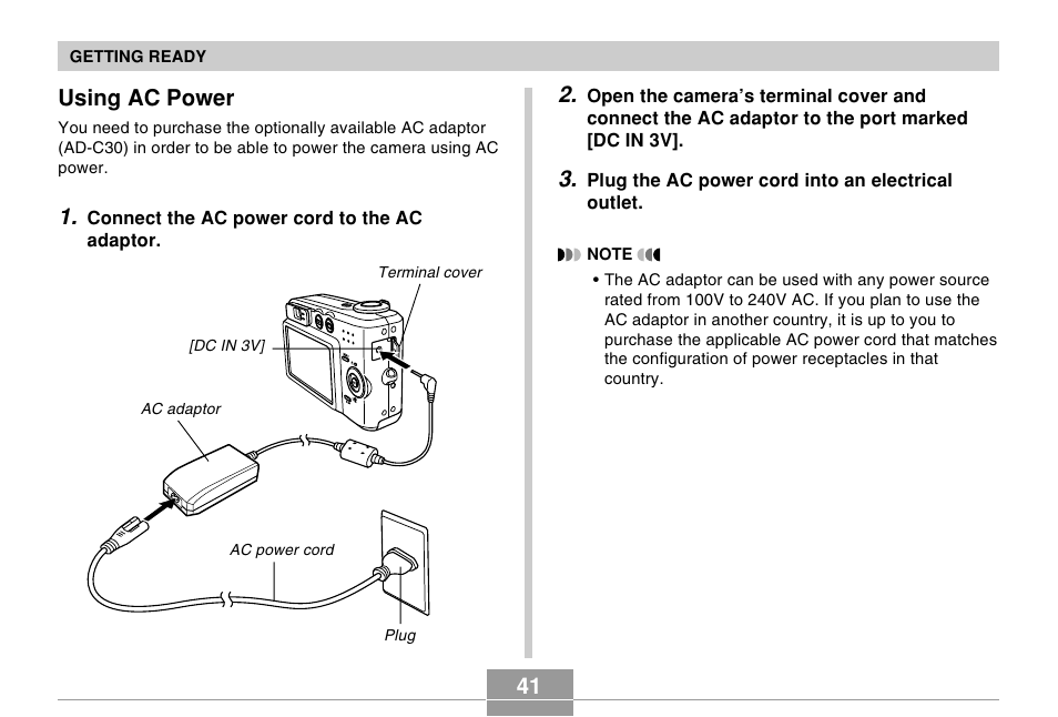 Using ac power, 41 using ac power | Casio R51 User Manual | Page 41 / 184