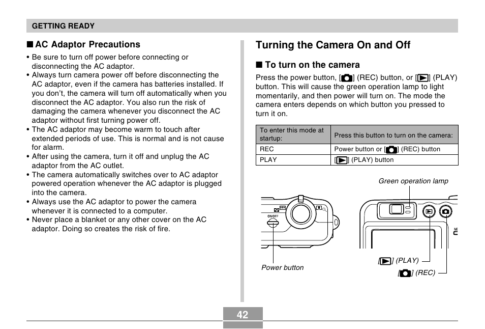 Turning the camera on and off | Casio R51 User Manual | Page 42 / 184