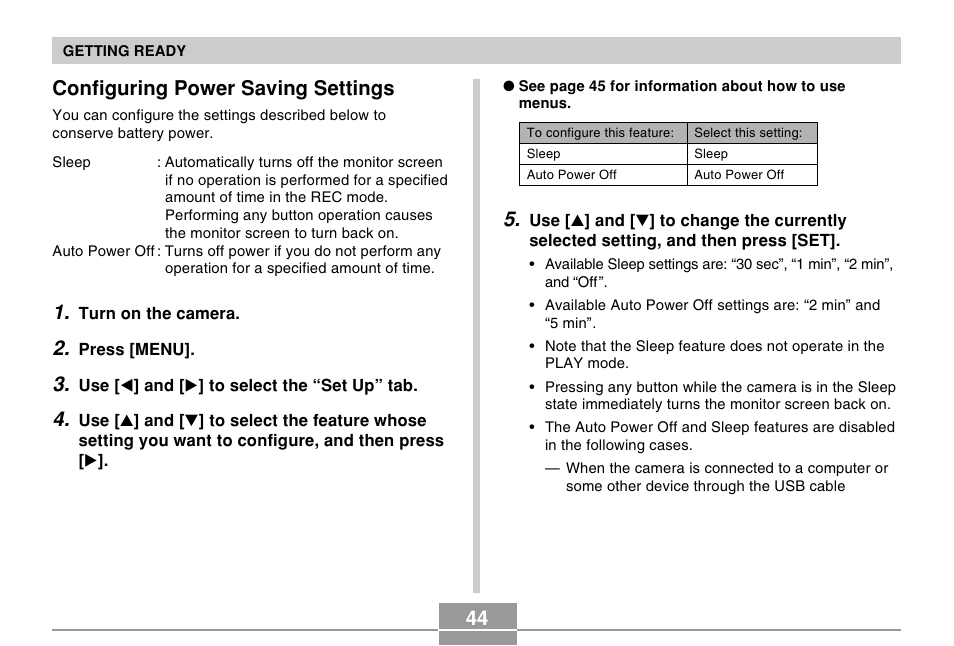 Configuring power saving settings, 44 configuring power saving settings | Casio R51 User Manual | Page 44 / 184