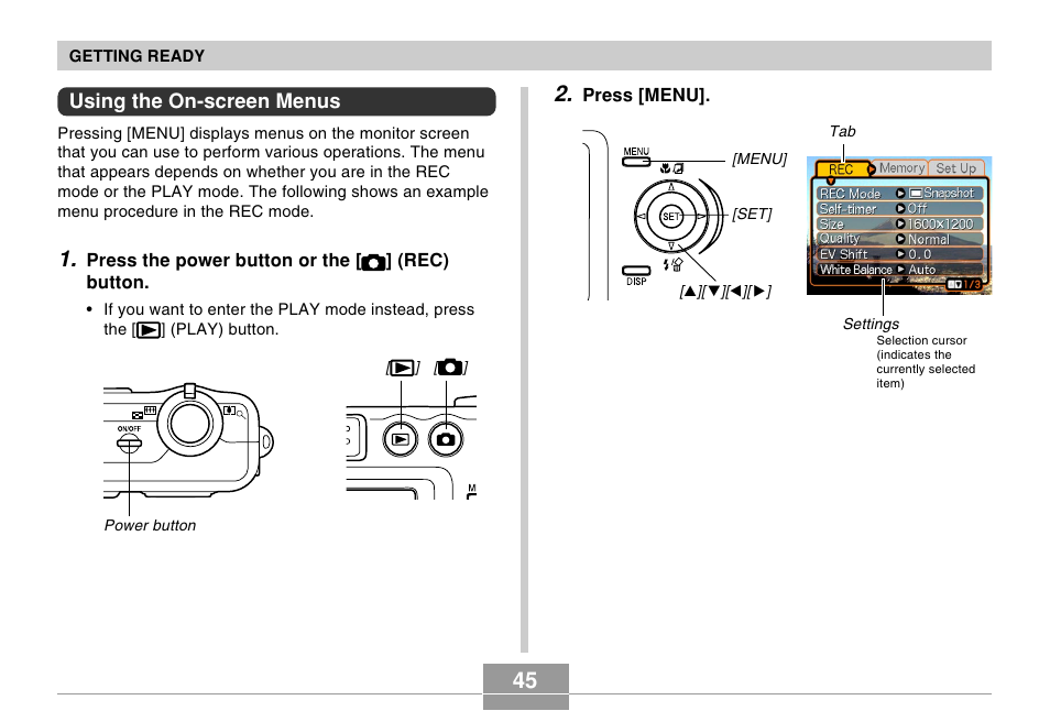 Using the on-screen menus | Casio R51 User Manual | Page 45 / 184