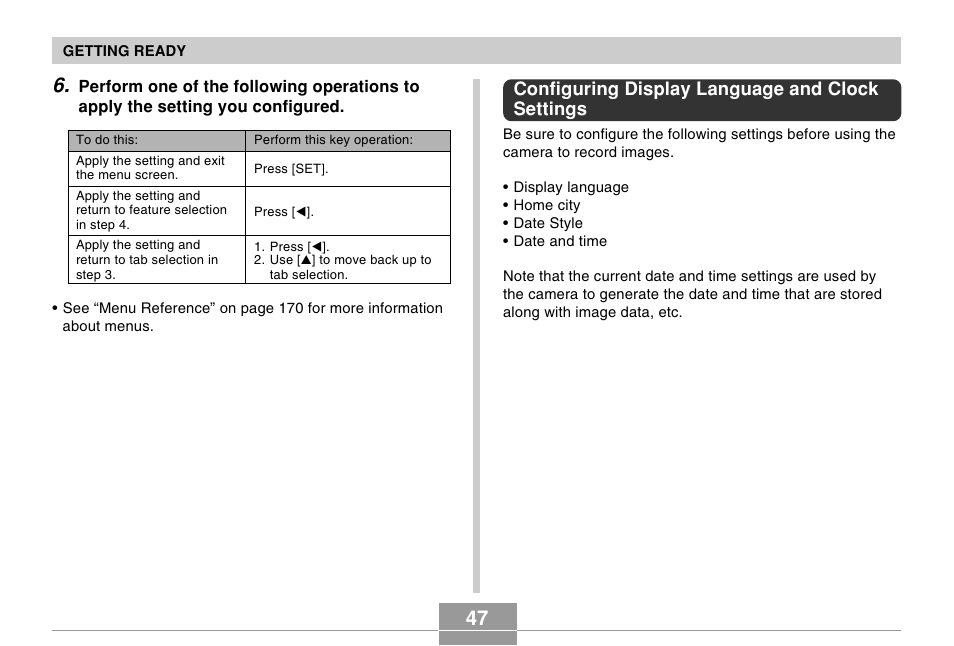 Configuring display language and clock settings | Casio R51 User Manual | Page 47 / 184