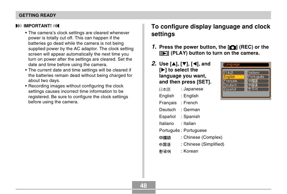 To configure display language and clock settings | Casio R51 User Manual | Page 48 / 184