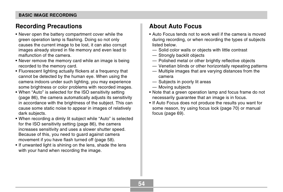 Recording precautions, About auto focus | Casio R51 User Manual | Page 54 / 184