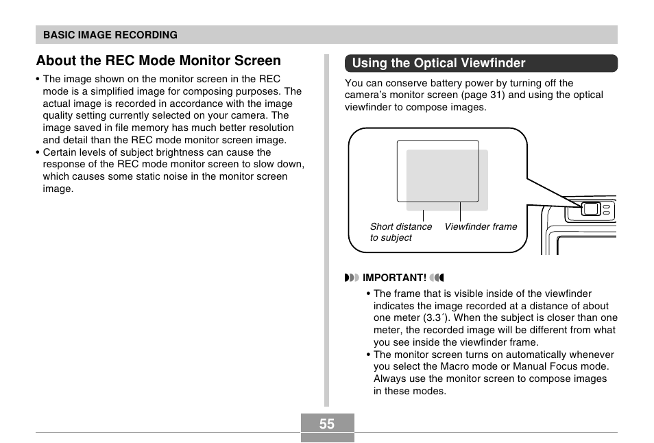 About the rec mode monitor screen, Using the optical viewfinder | Casio R51 User Manual | Page 55 / 184