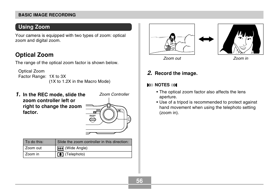 Using zoom, Optical zoom | Casio R51 User Manual | Page 56 / 184