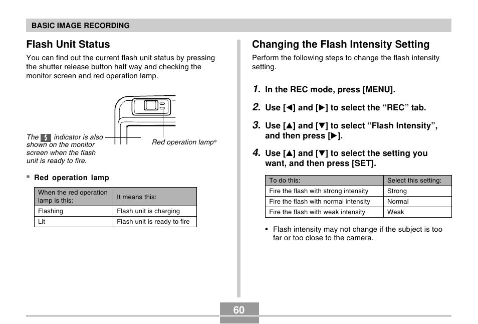 Flash unit status, Changing the flash intensity setting | Casio R51 User Manual | Page 60 / 184