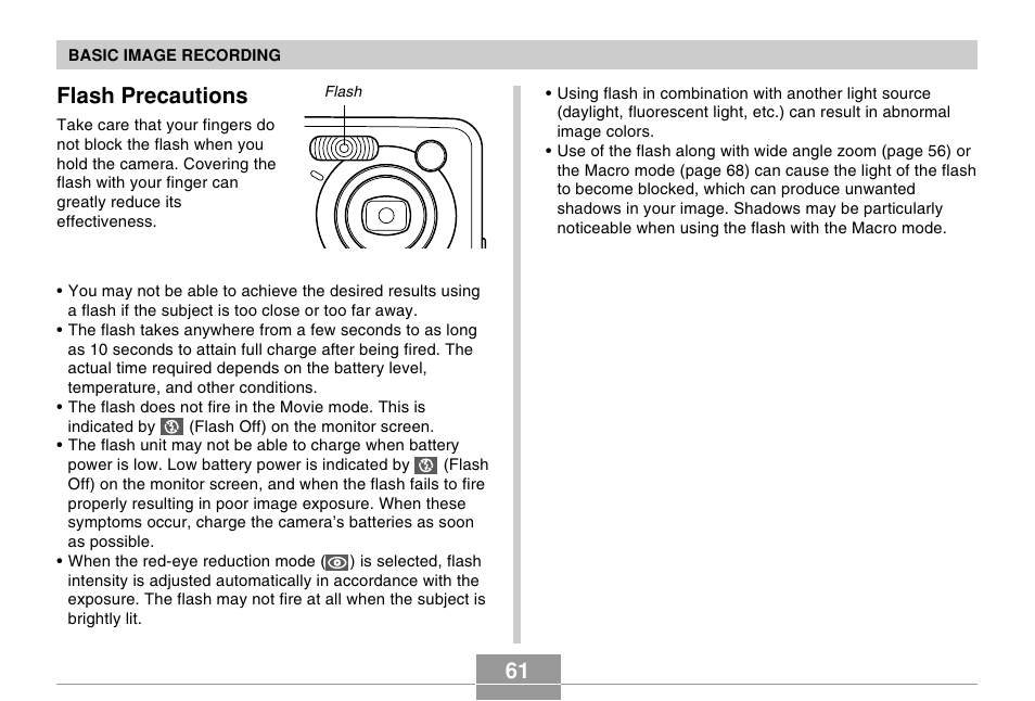 Flash precautions | Casio R51 User Manual | Page 61 / 184